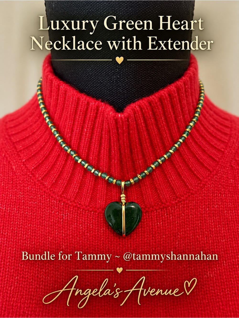 Curated Luxury Green Heart w/ Gold-Accented Beads & Talbots Crystal Bow Necklace